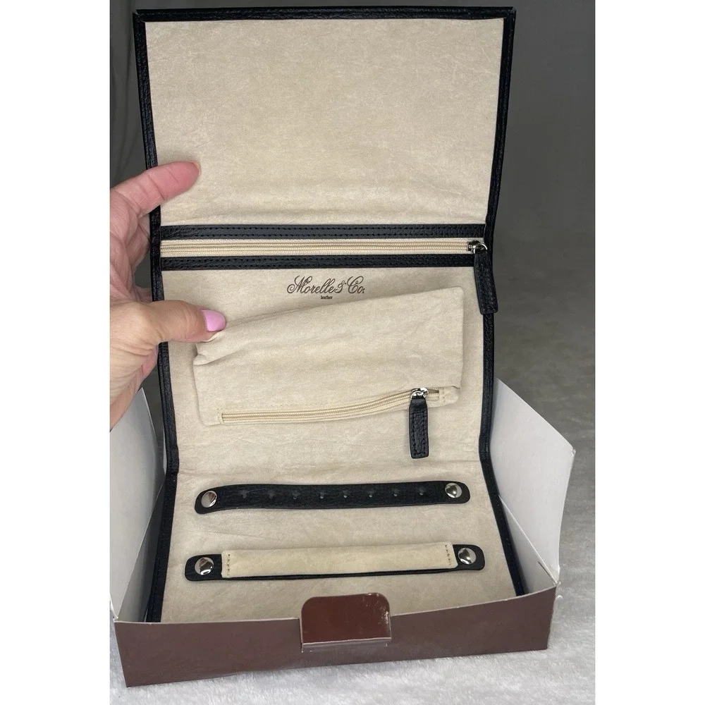 Morelle & Co Black Travel Jewelry Case Genuine Leather Organizer Fold Out Tri